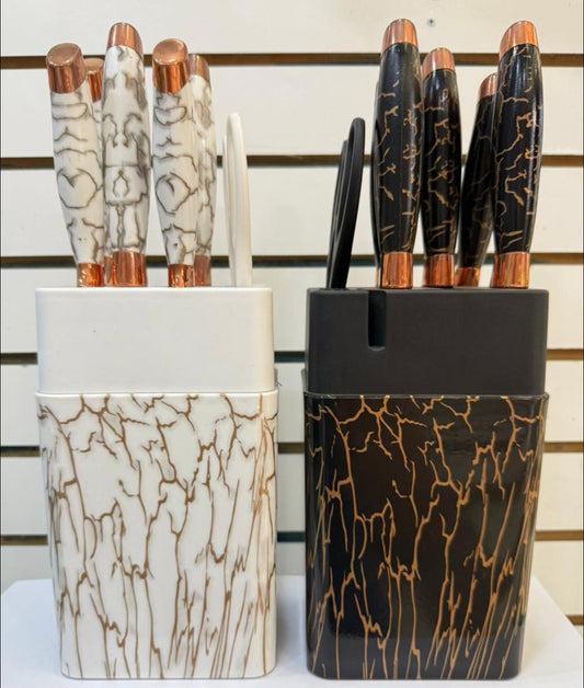 Set de Cuchillos Premium 7 Piezas con Porta Cuchillos – Diseño Mármol & Detalles Rose Gold