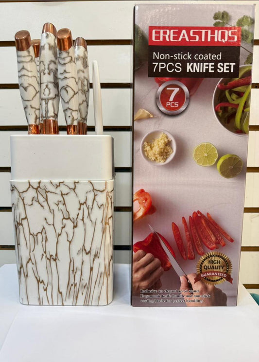 Set de Cuchillos Premium 7 Piezas con Porta Cuchillos – Diseño Mármol & Detalles Rose Gold